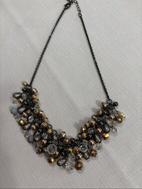 Gunmetal Statement Necklace with Gold & Clear Beads